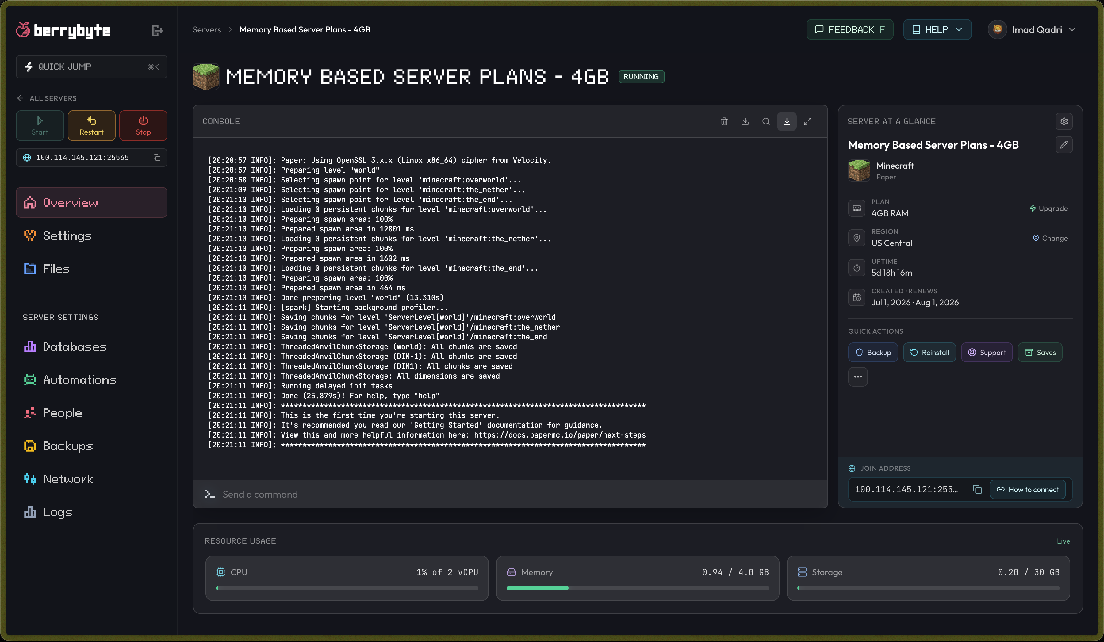 Marion server overview screen