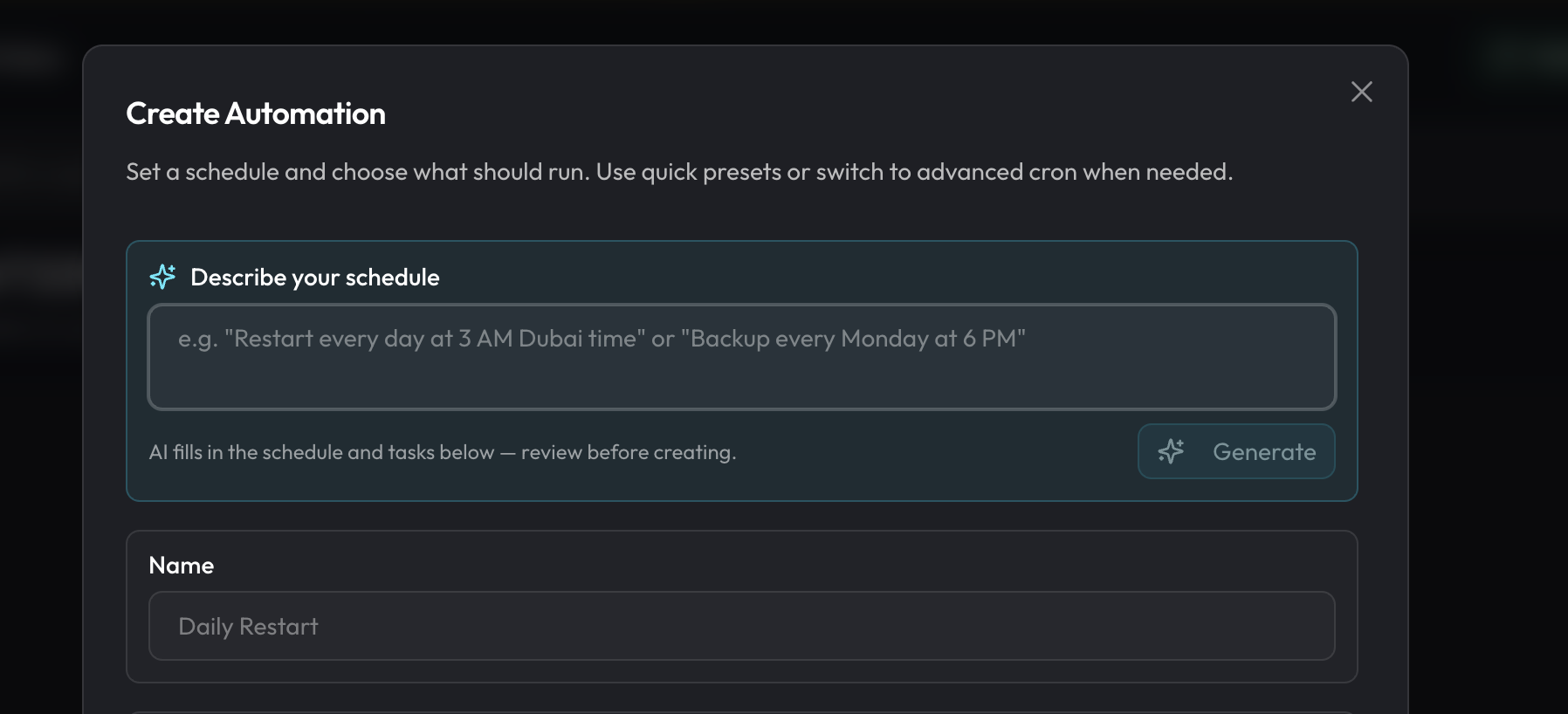 Marion create automation dialog with AI schedule input