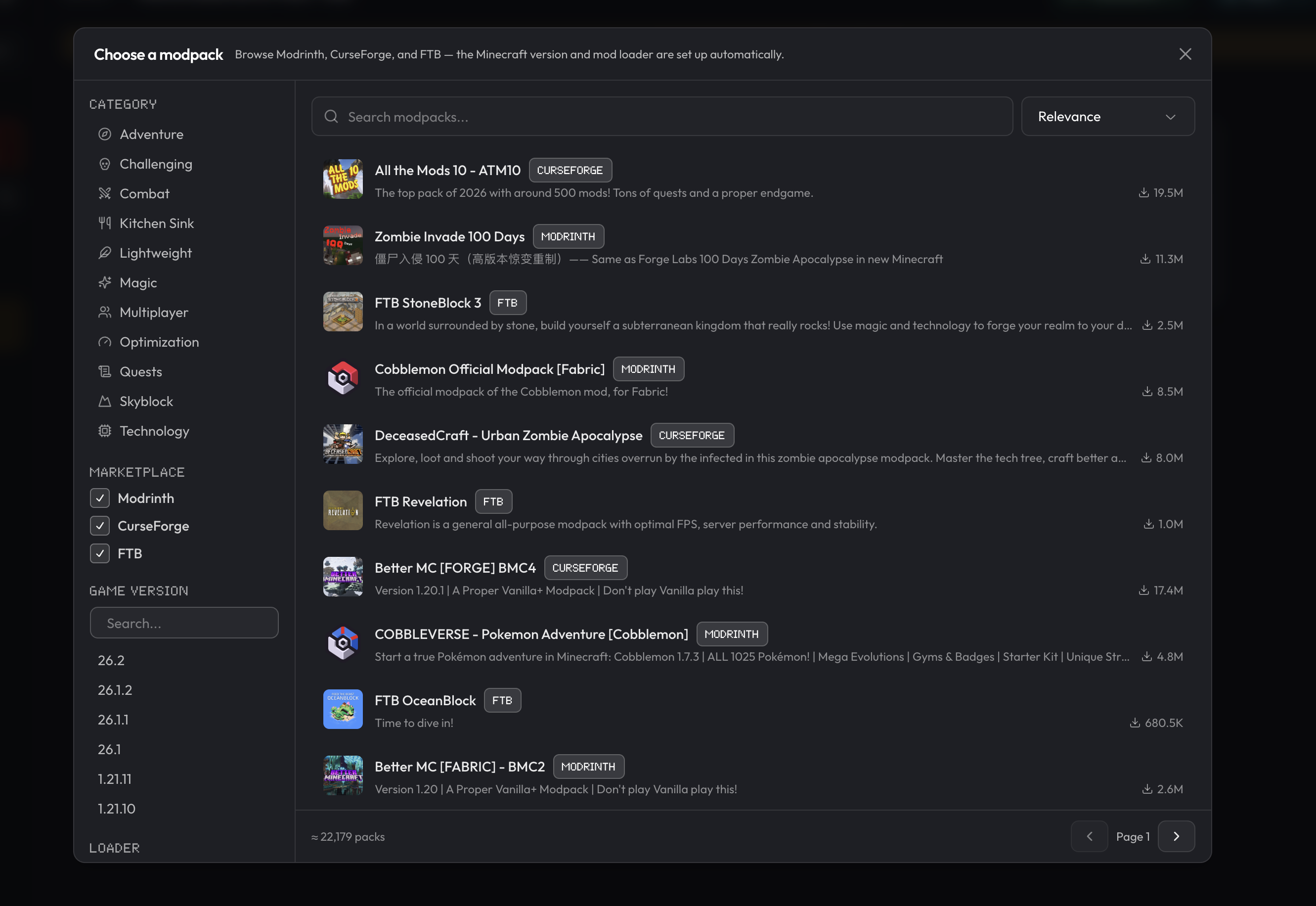 Marion modpack library with searchable modpacks