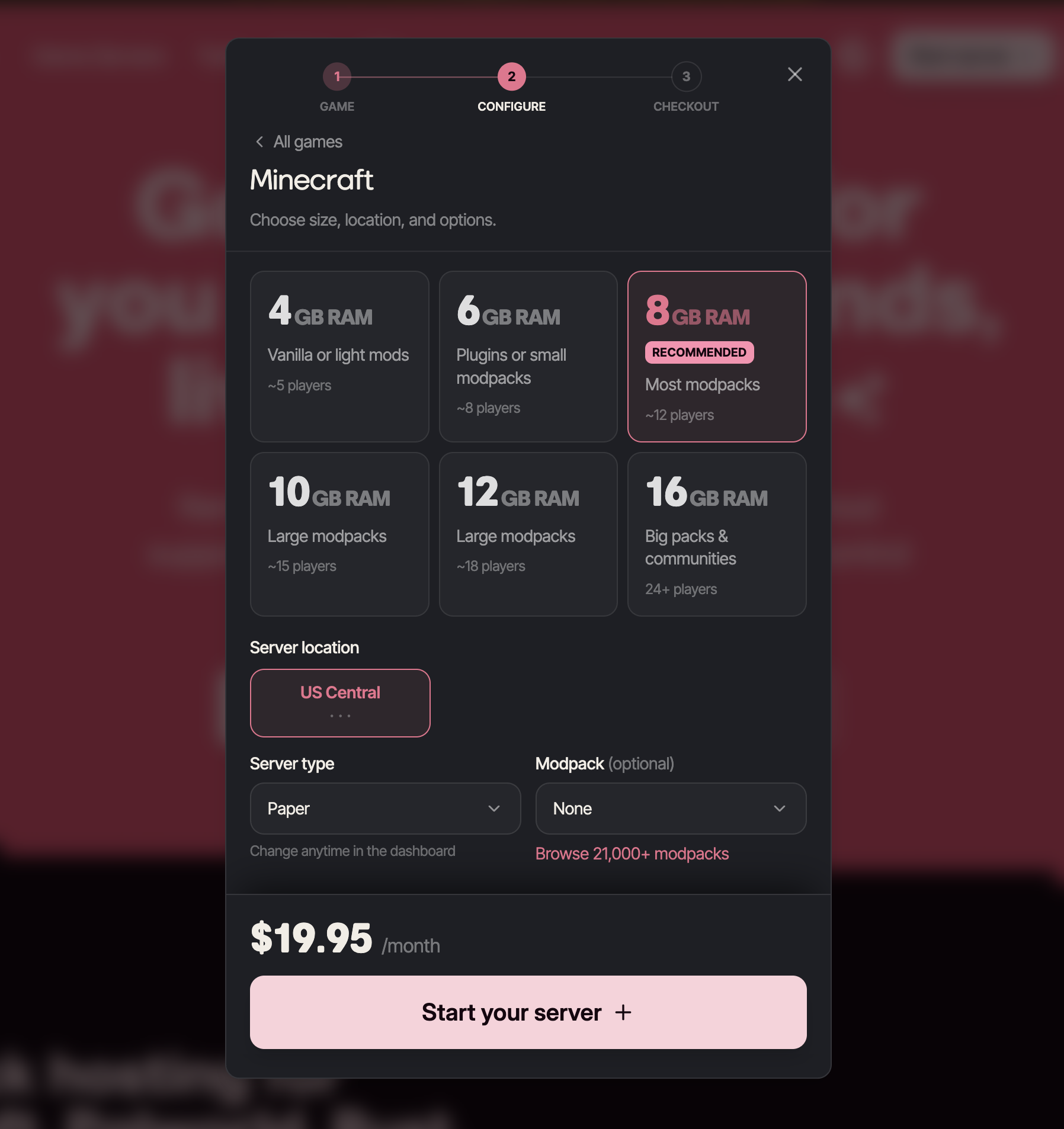 berrybyte checkout modal for configuring and starting a Minecraft server